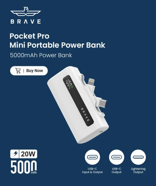 Brave 4-in-1 Compact Power Bank, 20W USB-C Portable Charger, 5000mAh External Battery Pack with Built-in Type-C & Lightning Connectors, LED Display, Power Bank for iPhone 16 (White, 5K-20W)
