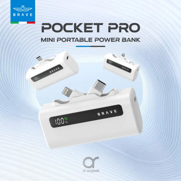 Brave 4-in-1 Compact Power Bank, 20W USB-C Portable Charger, 5000mAh External Battery Pack with Built-in Type-C & Lightning Connectors, LED Display, Power Bank for iPhone 16 (White, 5K-20W)