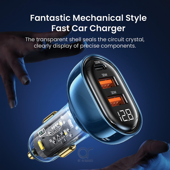 BRAVE 80W 3-Ports Transparent Digital Display Fast Car Charger (PD + Dual QC, 3 Fast Charging Protocols)