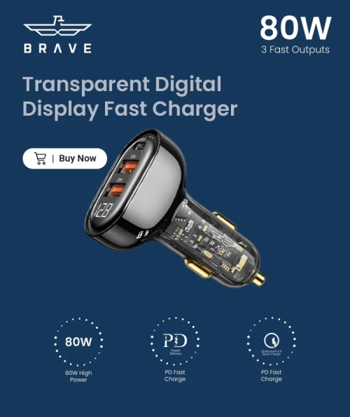 BRAVE 80W 3-Ports Transparent Digital Display Fast Car Charger (PD + Dual QC, 3 Fast Charging Protocols)