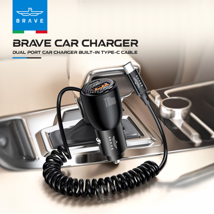 BRAVE 110W USB-C Car Charger + Coiled Cable – Fast Charging – Black
