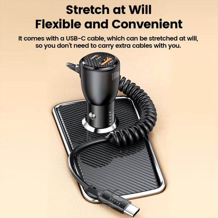 BRAVE 110W USB-C Car Charger + Coiled Cable – Fast Charging – Black