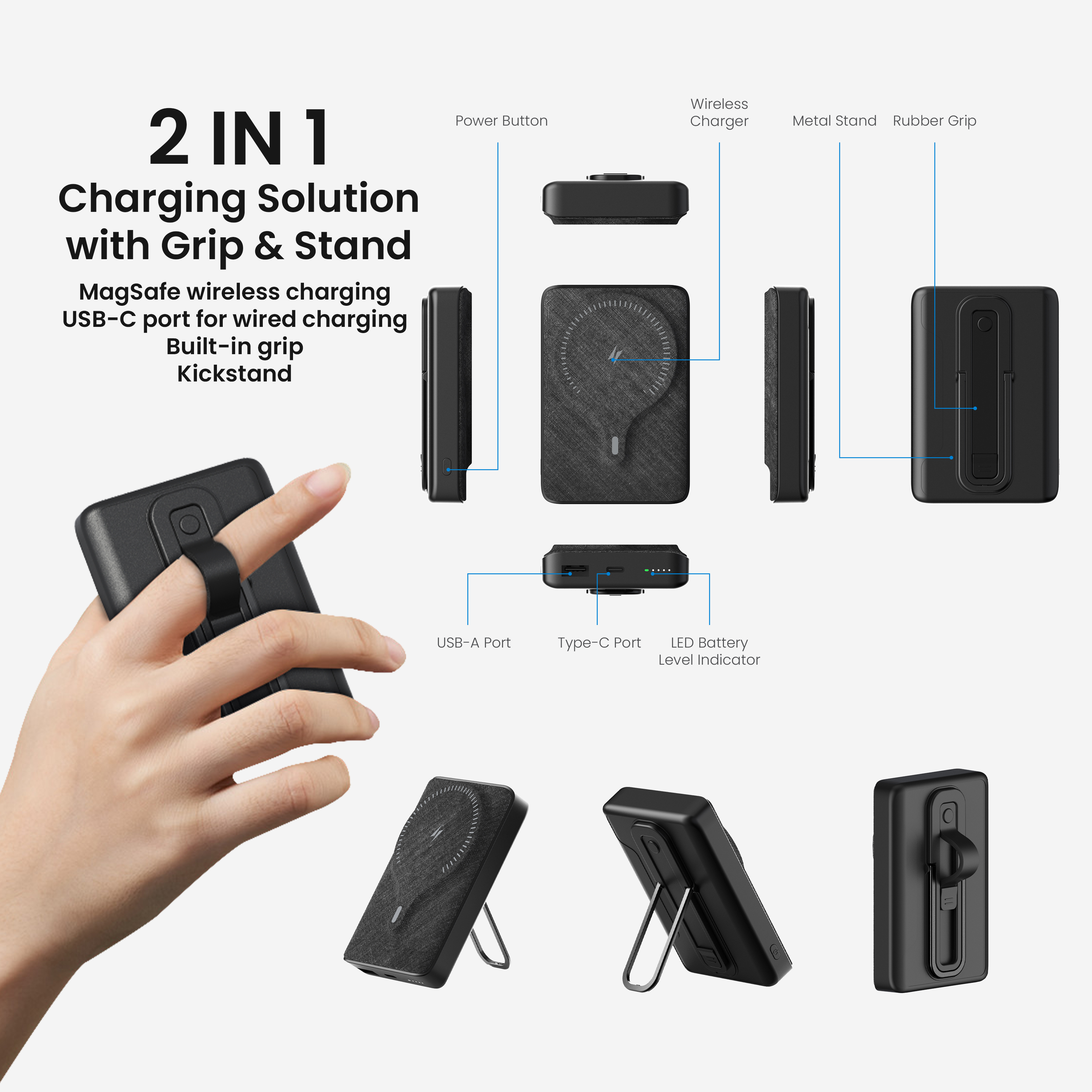 BRAVE 20W Magnetic 10,000 mAh Mini Power Bank with Kickstand & Grip – Black