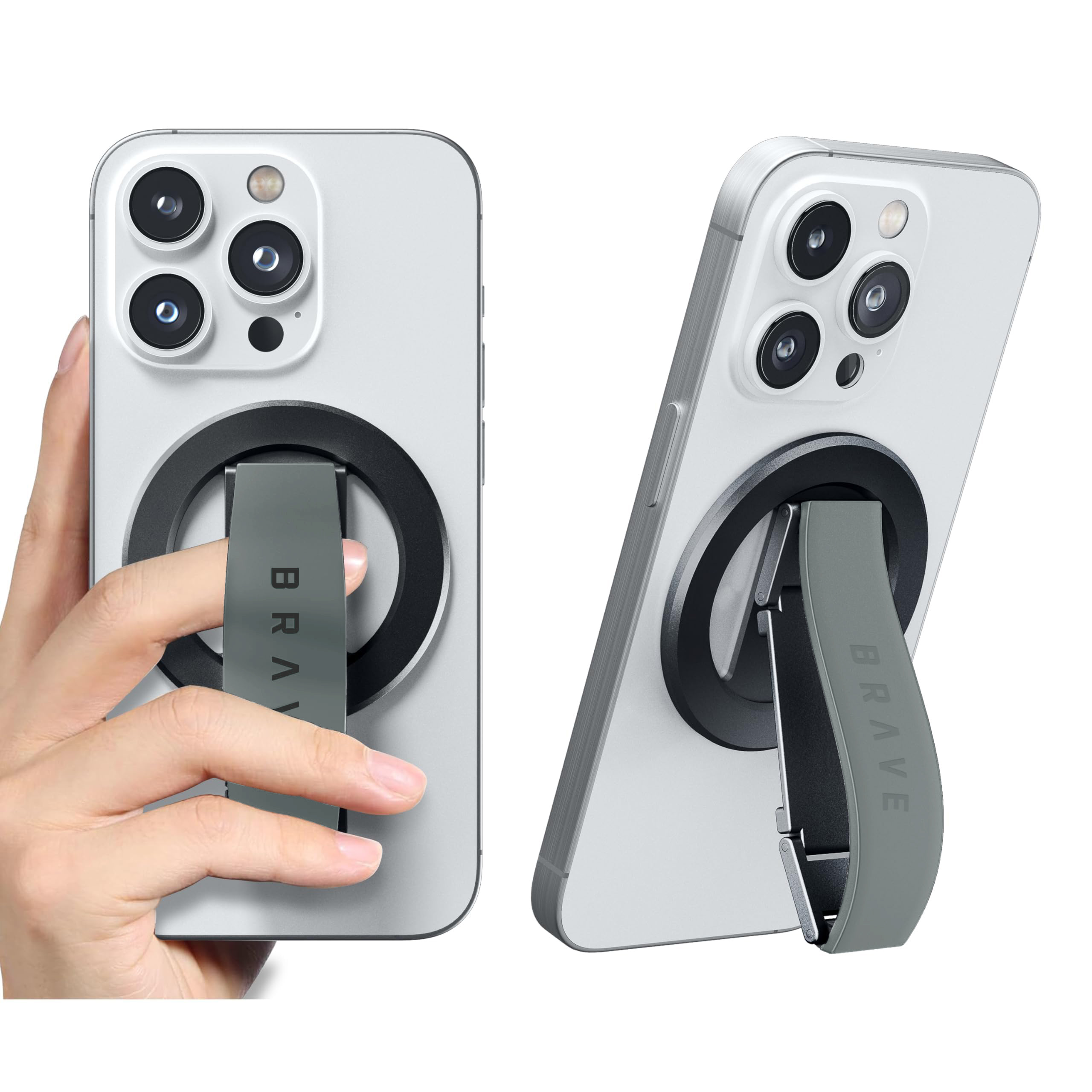 BRAVE MagGrip 3-in-1 Phone Grip & Stand – 360° Rotatable, MagSafe Compatible (Grey)
